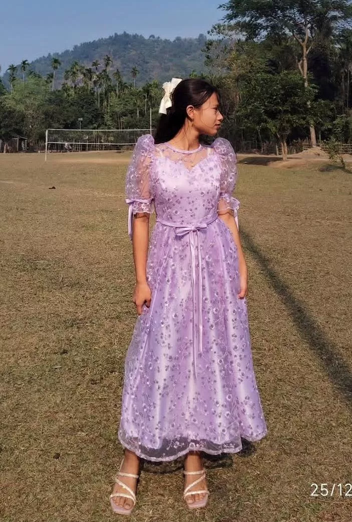 Handmade Lavender Floral Net Dress with Puff Sleeves